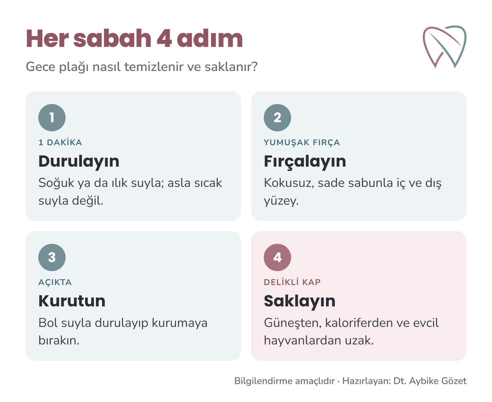 Gece plağı günlük temizlik adımları: durulama, fırçalama, kurutma, saklama